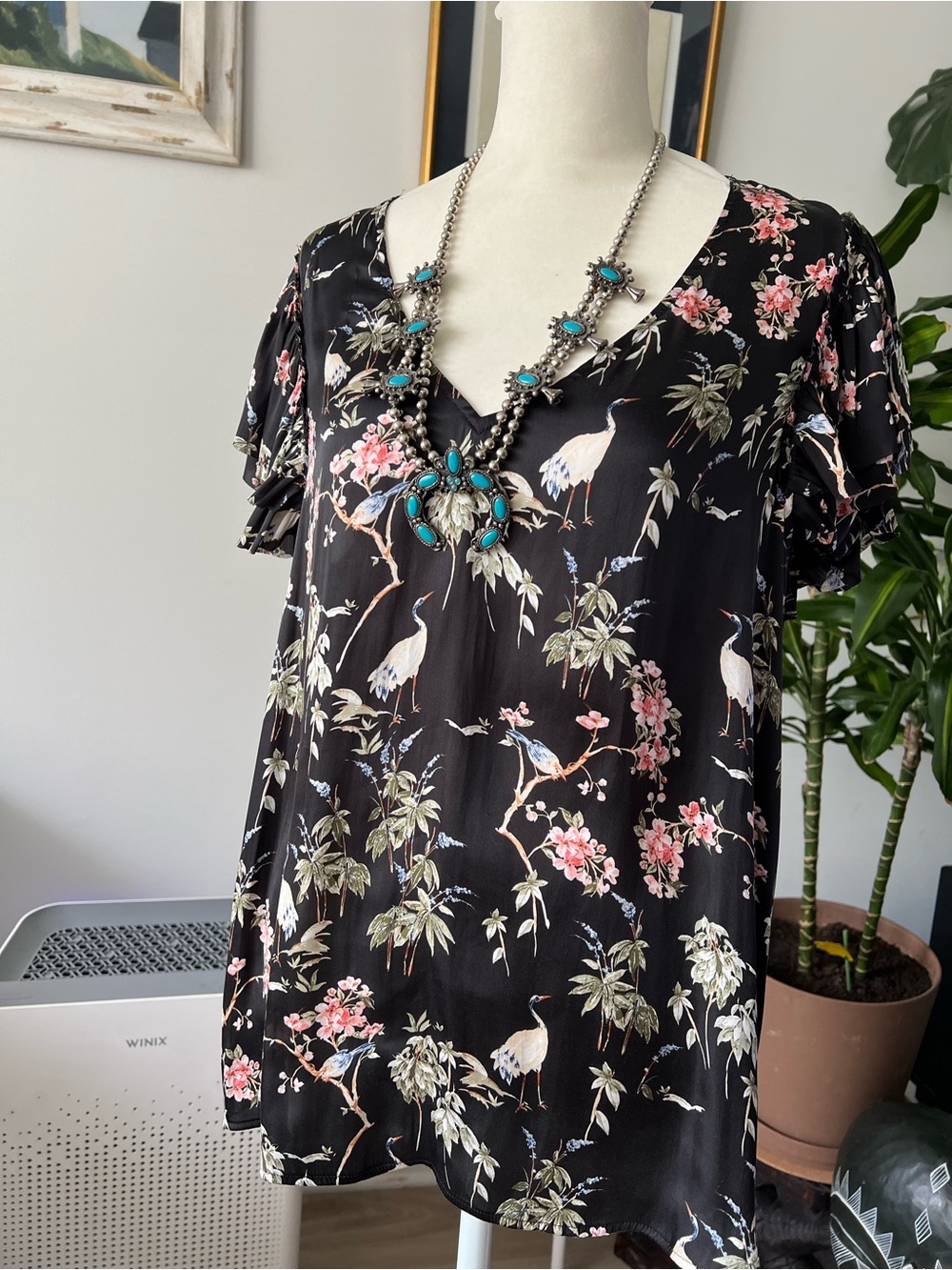 Banana Republic Black Crane & Floral V-Neck Blouse